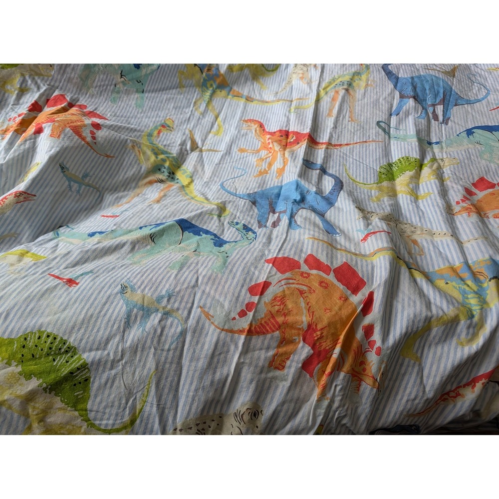 Pottery Barn Kids PBK Dinosaur Organic Cotton Duvet Cover Full Queen Blue Stripe - Picture 6 of 7